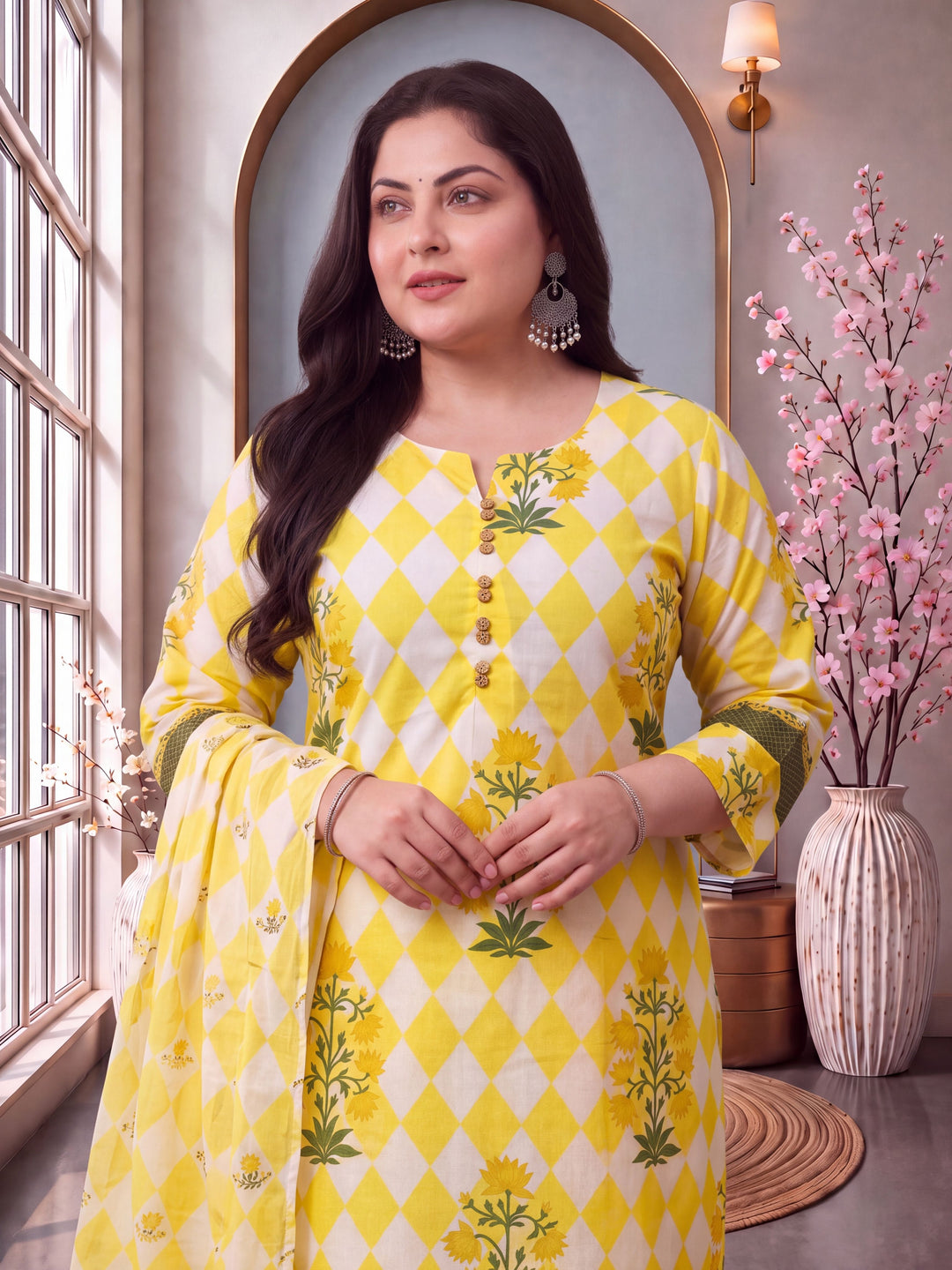 Cotton Straight Plus Size Kurta Pant Dupatta Set