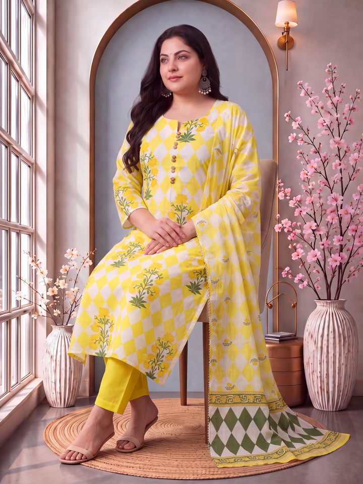 Cotton Straight Plus Size Kurta Pant Dupatta Set