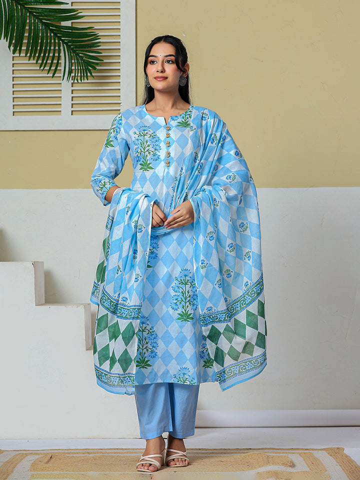 Cotton Straight Kurta Pant Dupatta Set