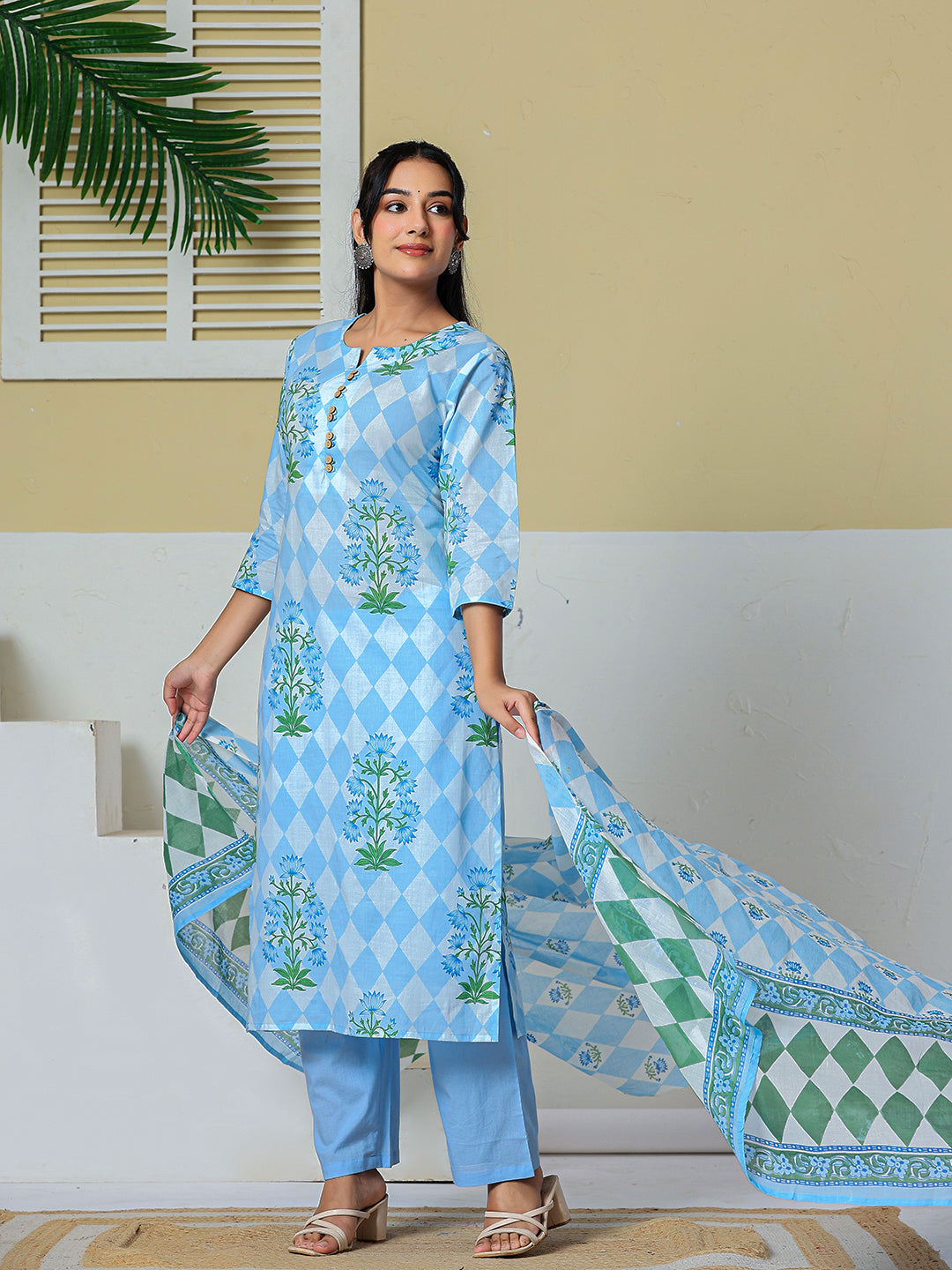 Cotton Straight Kurta Pant Dupatta Set