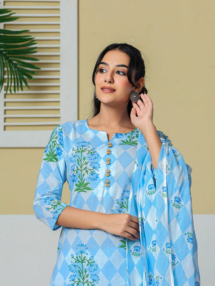 Cotton Straight Kurta Pant Dupatta Set
