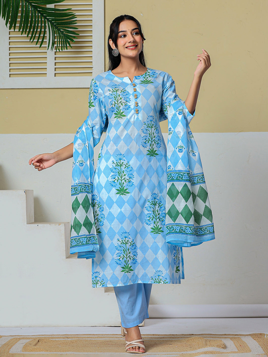 Cotton Straight Kurta Pant Dupatta Set