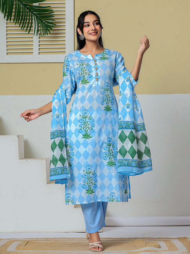 Cotton Straight Kurta Pant Dupatta Set