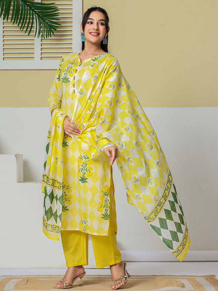Cotton Straight Kurta Pant Dupatta Set
