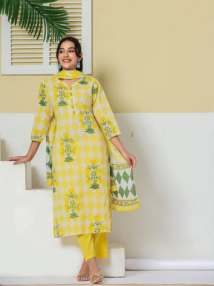 Cotton Straight Kurta Pant Dupatta Set