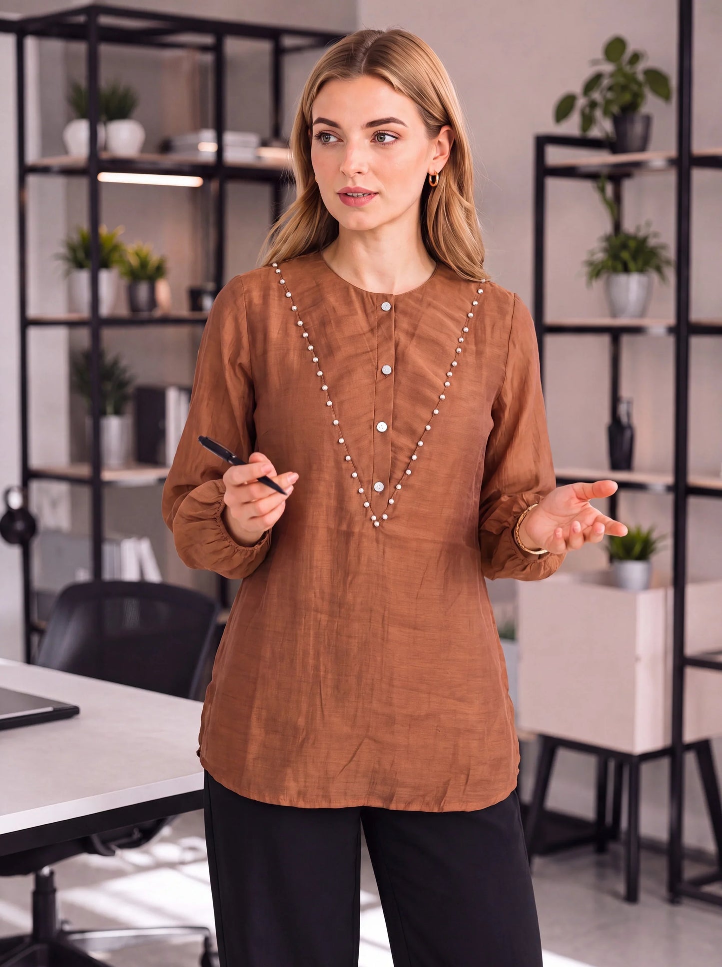 Mul Chanderi Puff Sleeve Style Shirt