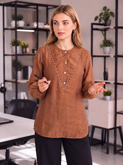 Mul Chanderi Puff Sleeve Style Shirt