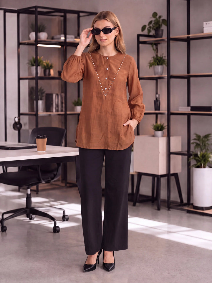 Mul Chanderi Puff Sleeve Style Shirt
