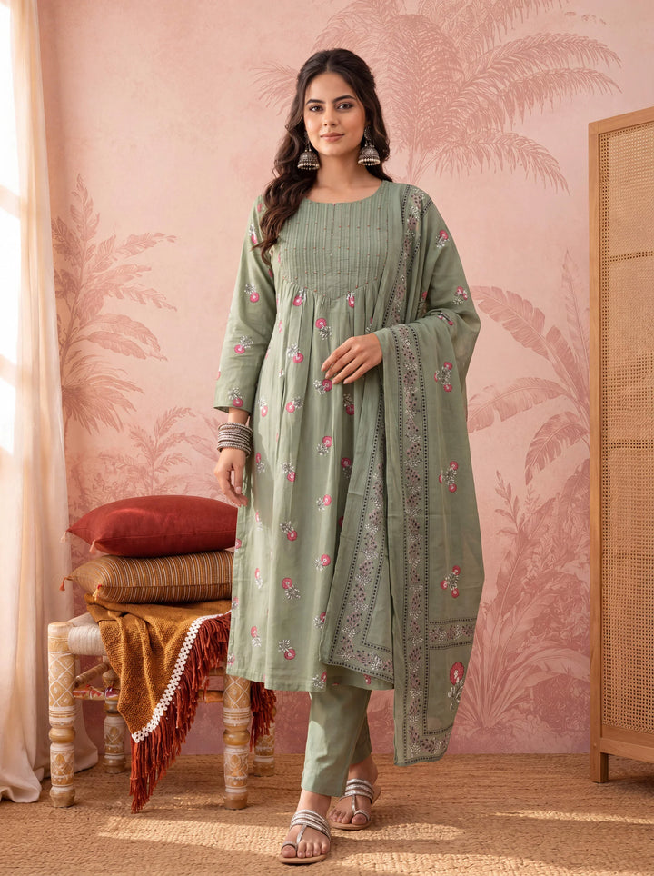 Cotton Floral Print Anarkali Kurta Dupatta Pant Set