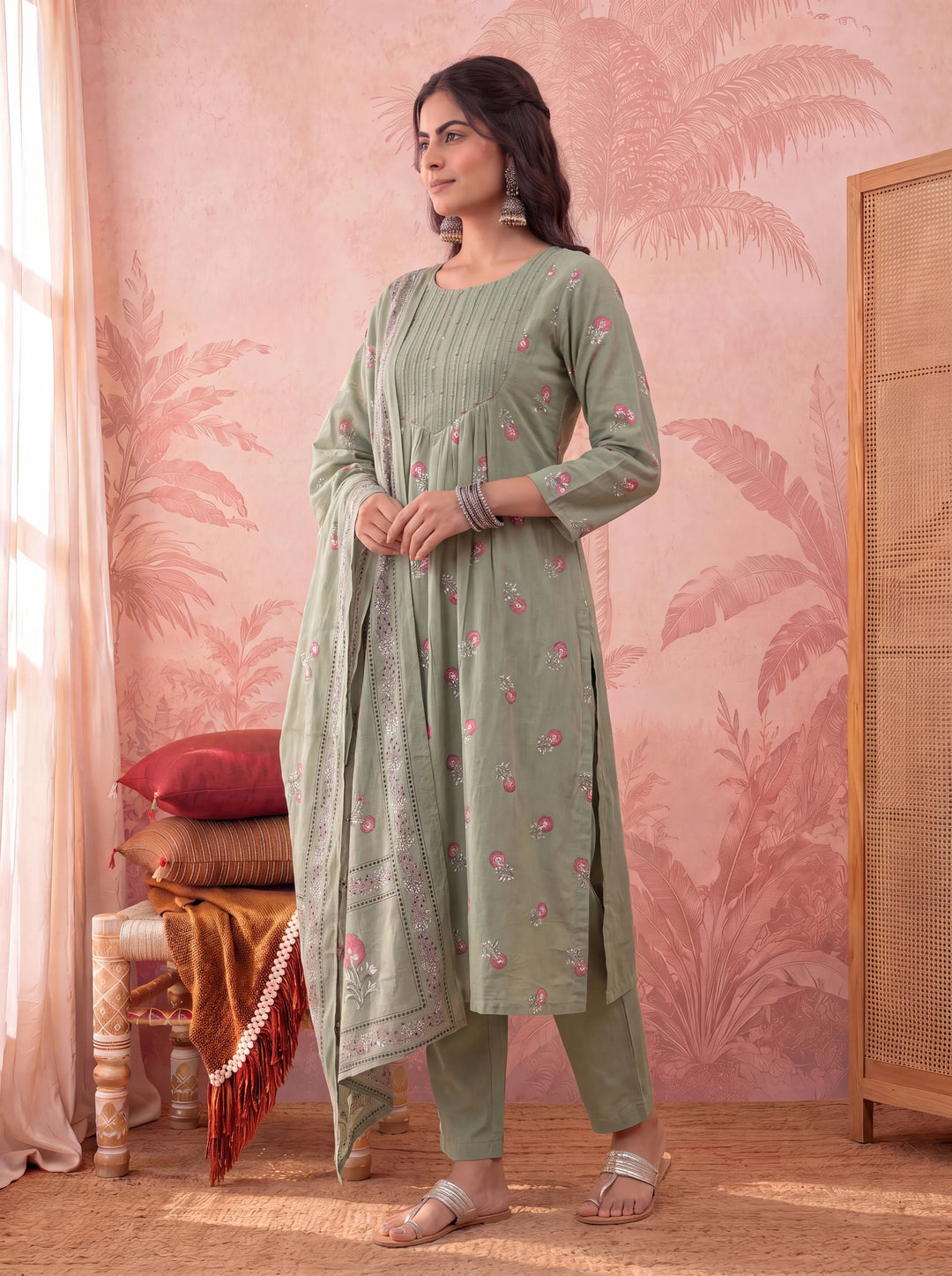 Cotton Floral Print Anarkali Kurta Dupatta Pant Set