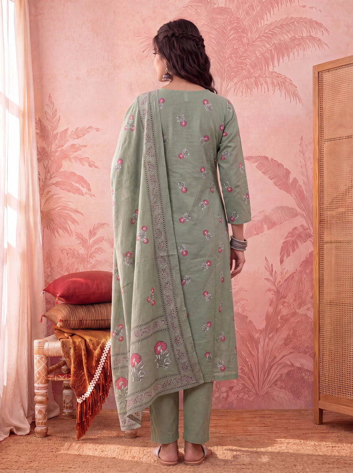 Cotton Floral Print Anarkali Kurta Dupatta Pant Set