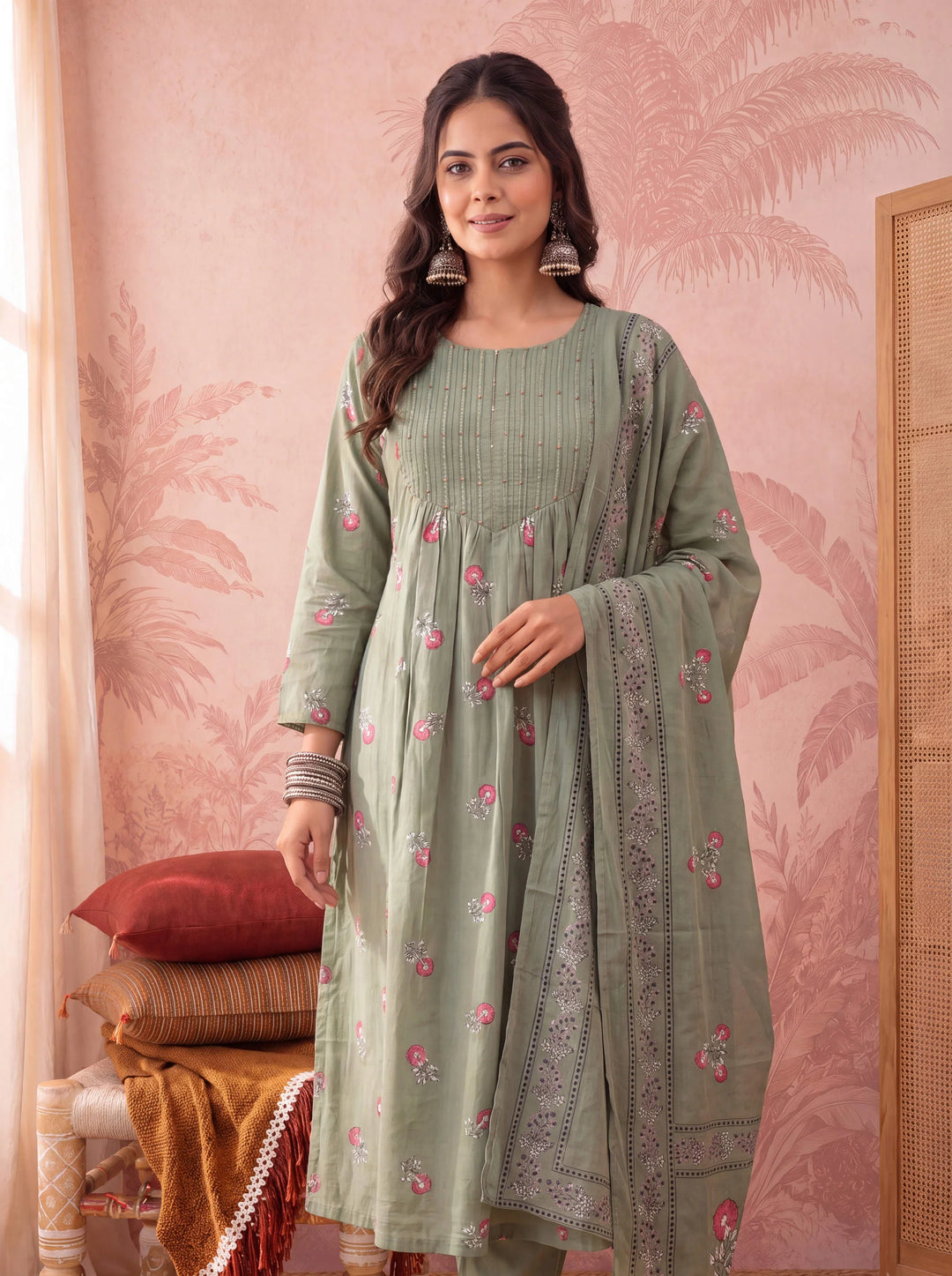 Cotton Floral Print Anarkali Kurta Dupatta Pant Set