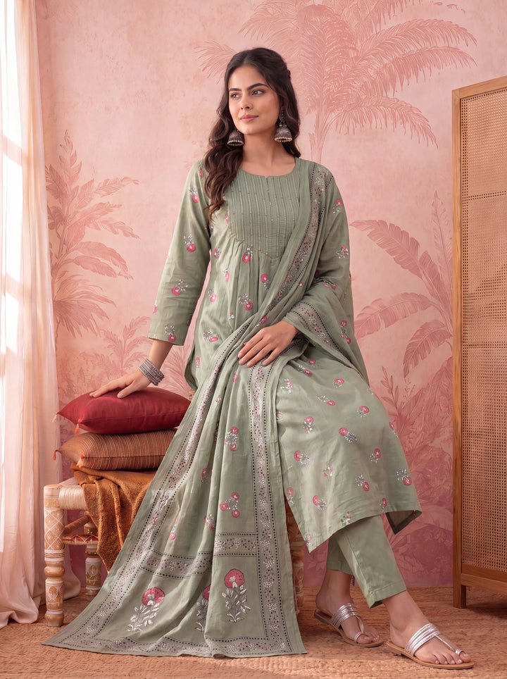 Cotton Floral Print Anarkali Kurta Dupatta Pant Set