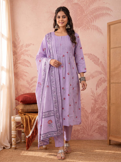 Cotton Floral Print Anarkali Kurta Dupatta Pant Set