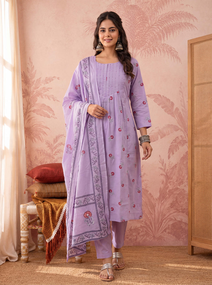 Cotton Floral Print Anarkali Kurta Dupatta Pant Set