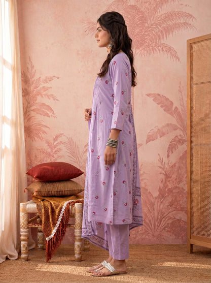 Cotton Floral Print Anarkali Kurta Dupatta Pant Set