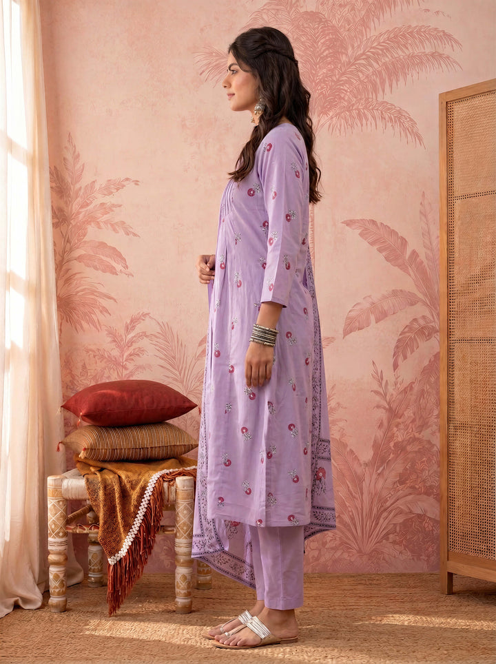 Cotton Floral Print Anarkali Kurta Dupatta Pant Set