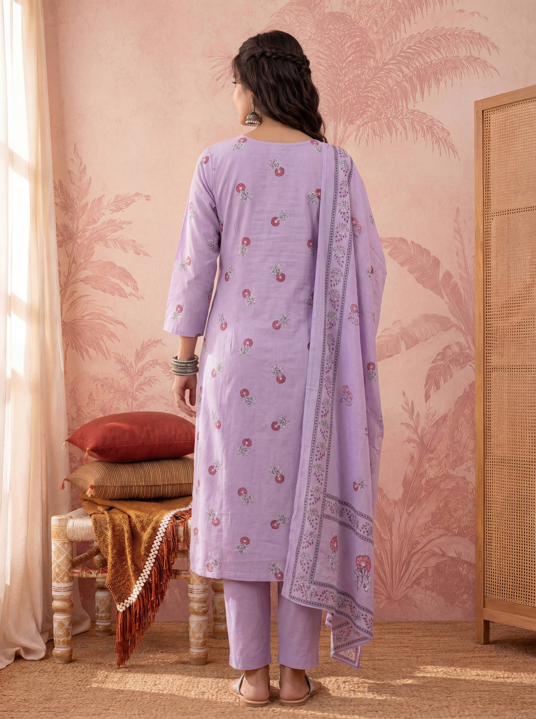 Cotton Floral Print Anarkali Kurta Dupatta Pant Set