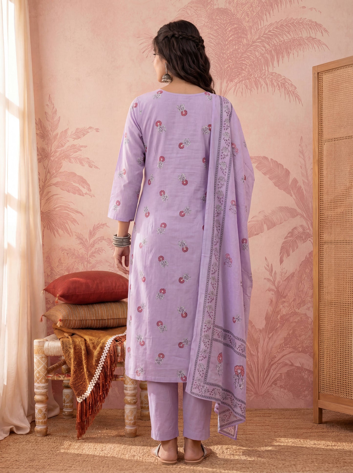 Cotton Floral Print Anarkali Kurta Dupatta Pant Set