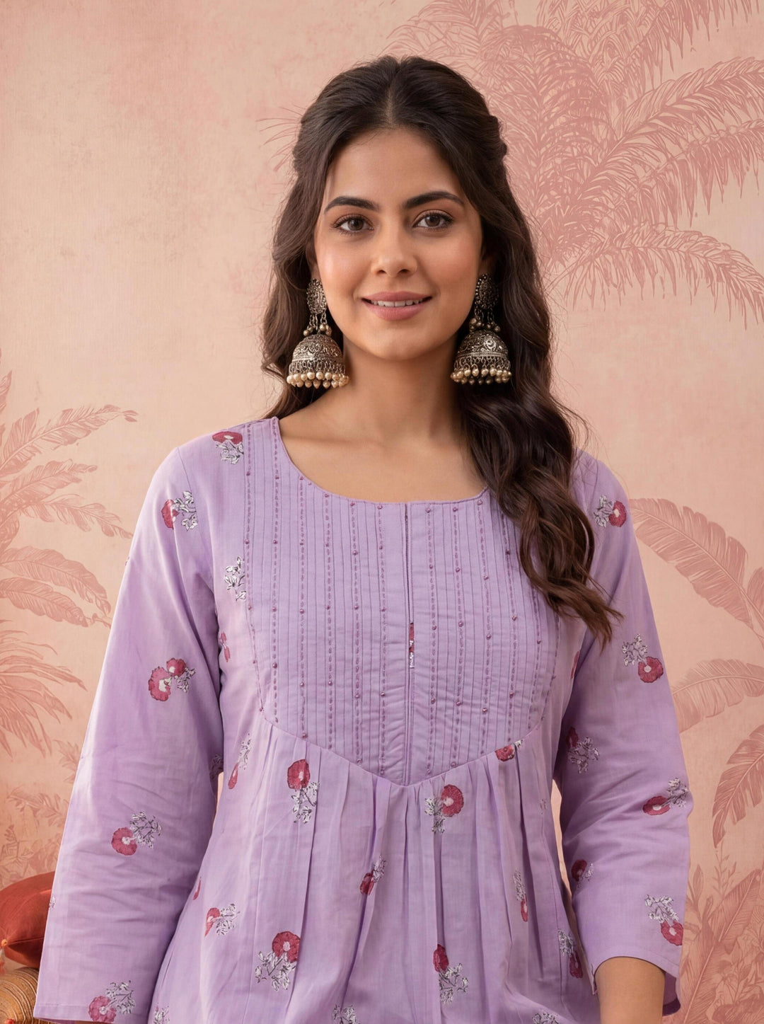 Cotton Floral Print Anarkali Kurta Dupatta Pant Set