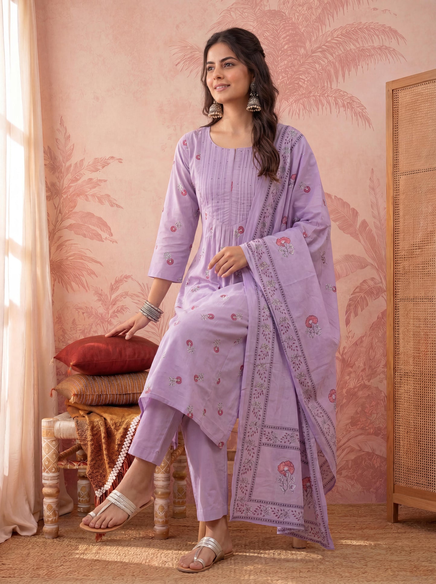 Cotton Floral Print Anarkali Kurta Dupatta Pant Set