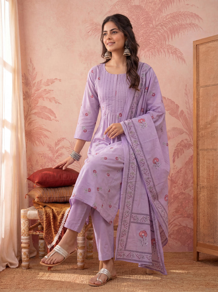Cotton Floral Print Anarkali Kurta Dupatta Pant Set