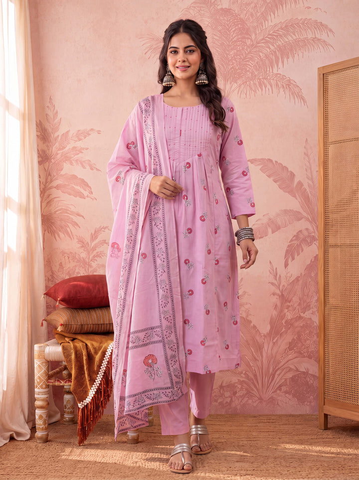 Cotton Floral Print Anarkali Kurta Dupatta Pant Set