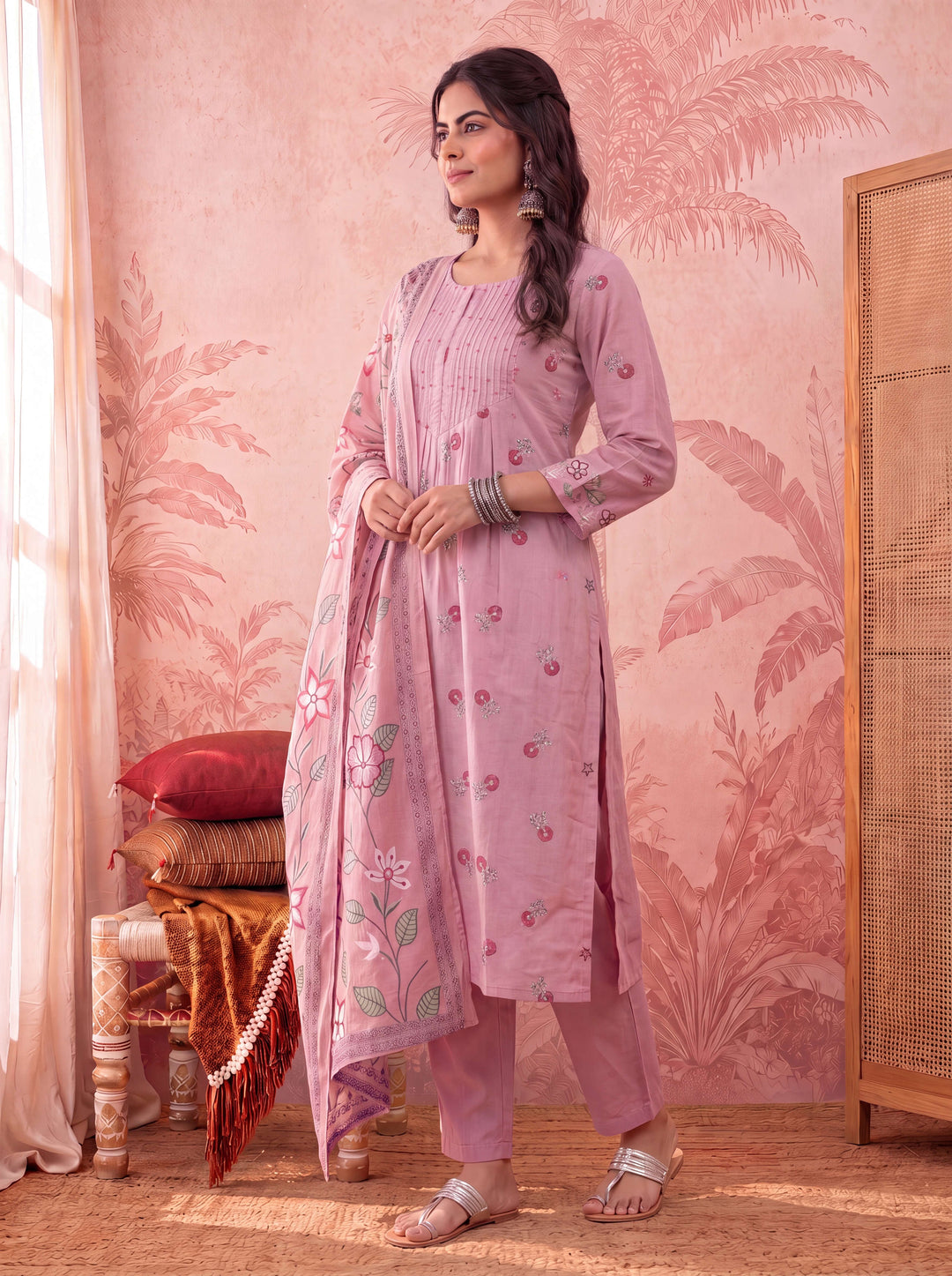 Cotton Floral Print Anarkali Kurta Dupatta Pant Set