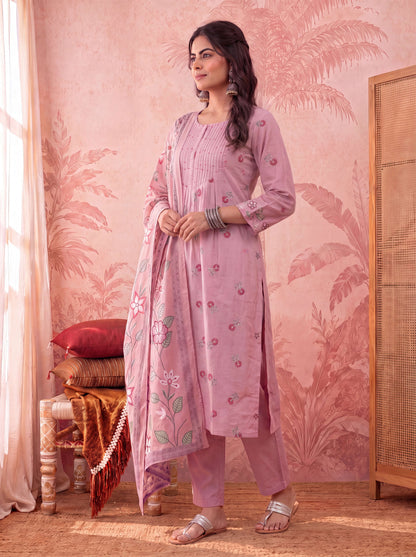 Cotton Floral Print Anarkali Kurta Dupatta Pant Set