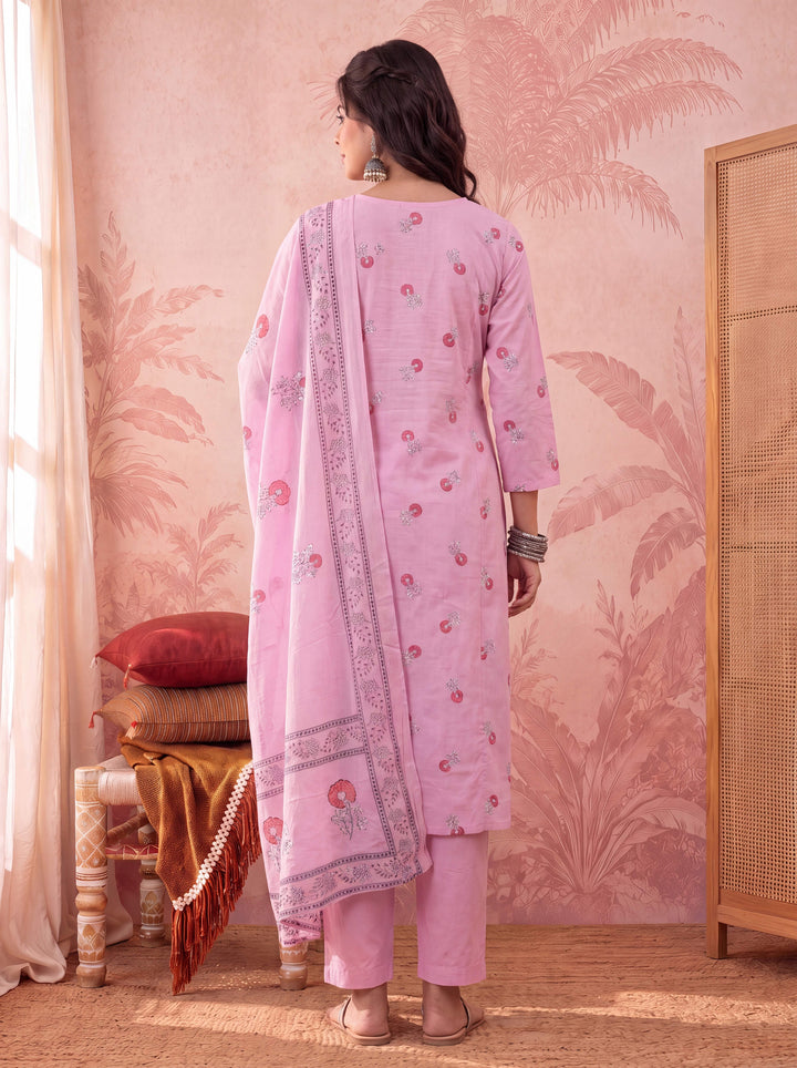 Cotton Floral Print Anarkali Kurta Dupatta Pant Set