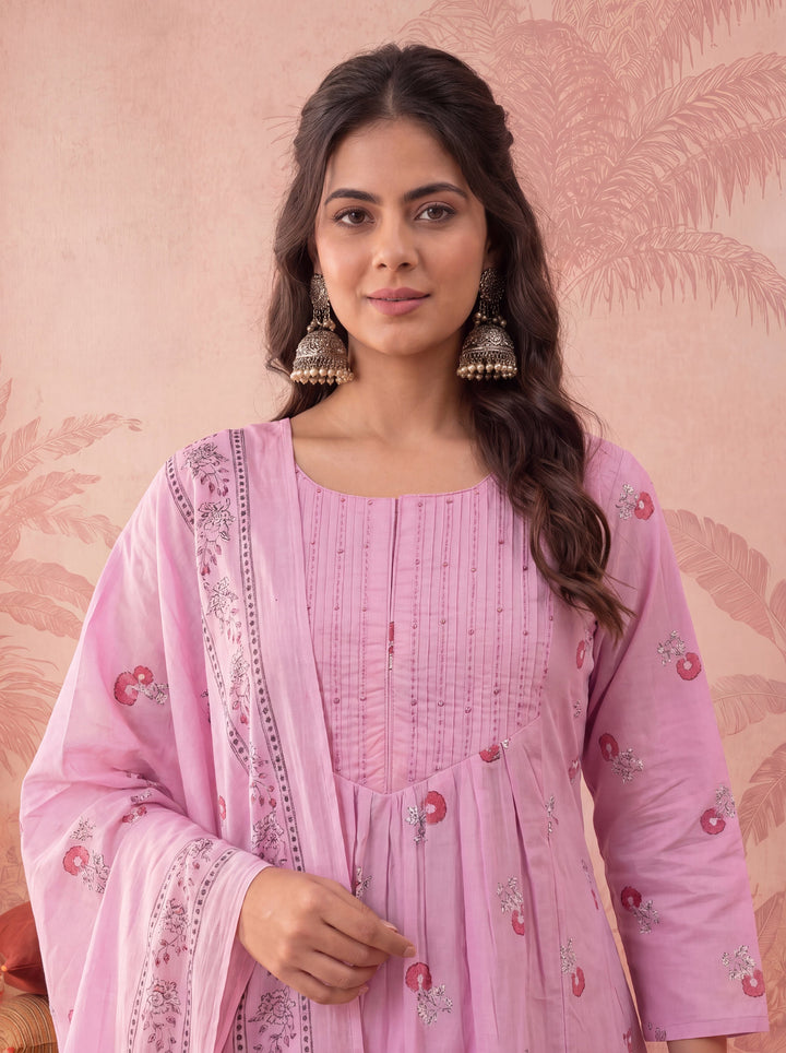 Cotton Floral Print Anarkali Kurta Dupatta Pant Set