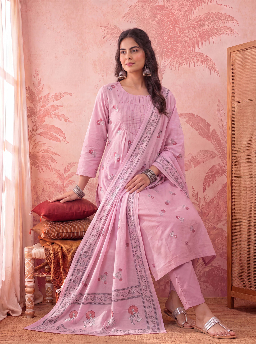 Cotton Floral Print Anarkali Kurta Dupatta Pant Set