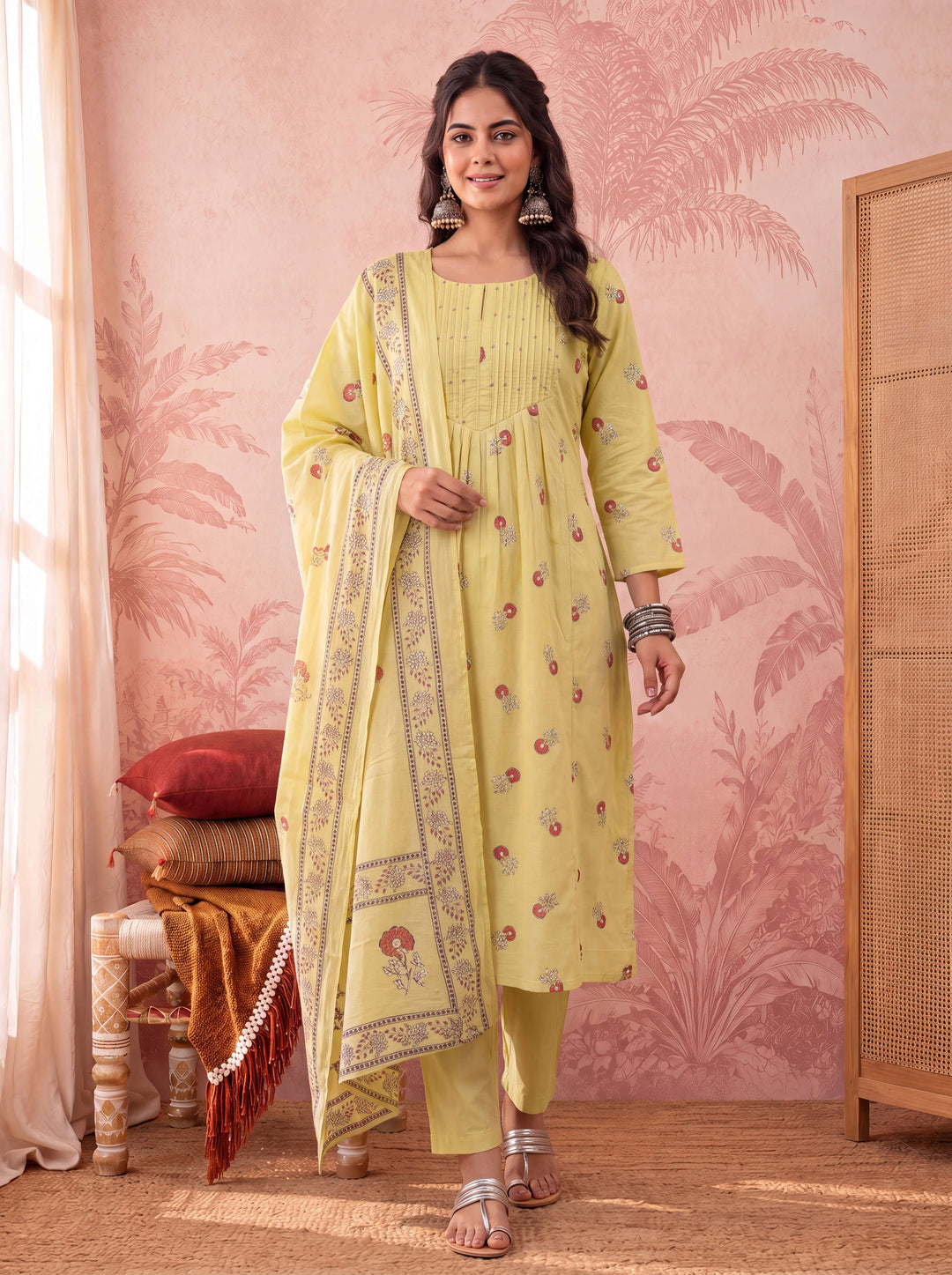 Cotton Floral Print Anarkali Kurta Dupatta Pant Set