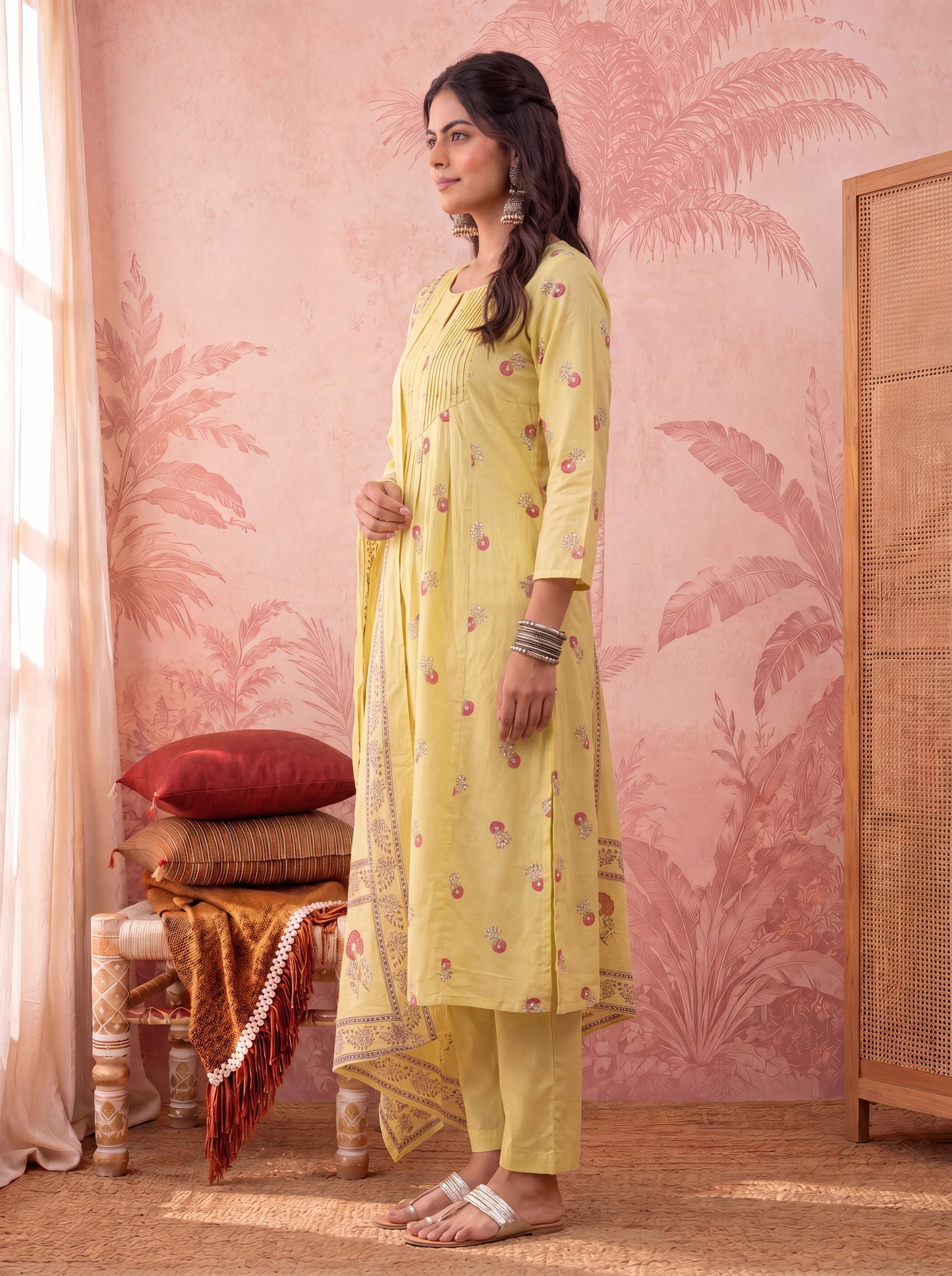 Cotton Floral Print Anarkali Kurta Dupatta Pant Set