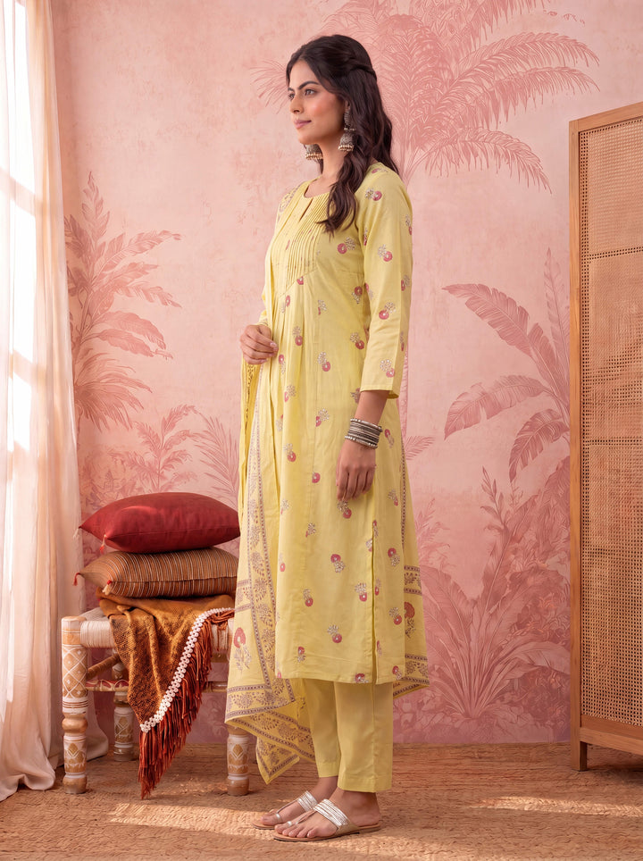 Cotton Floral Print Anarkali Kurta Dupatta Pant Set