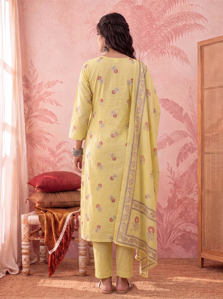 Cotton Floral Print Anarkali Kurta Dupatta Pant Set