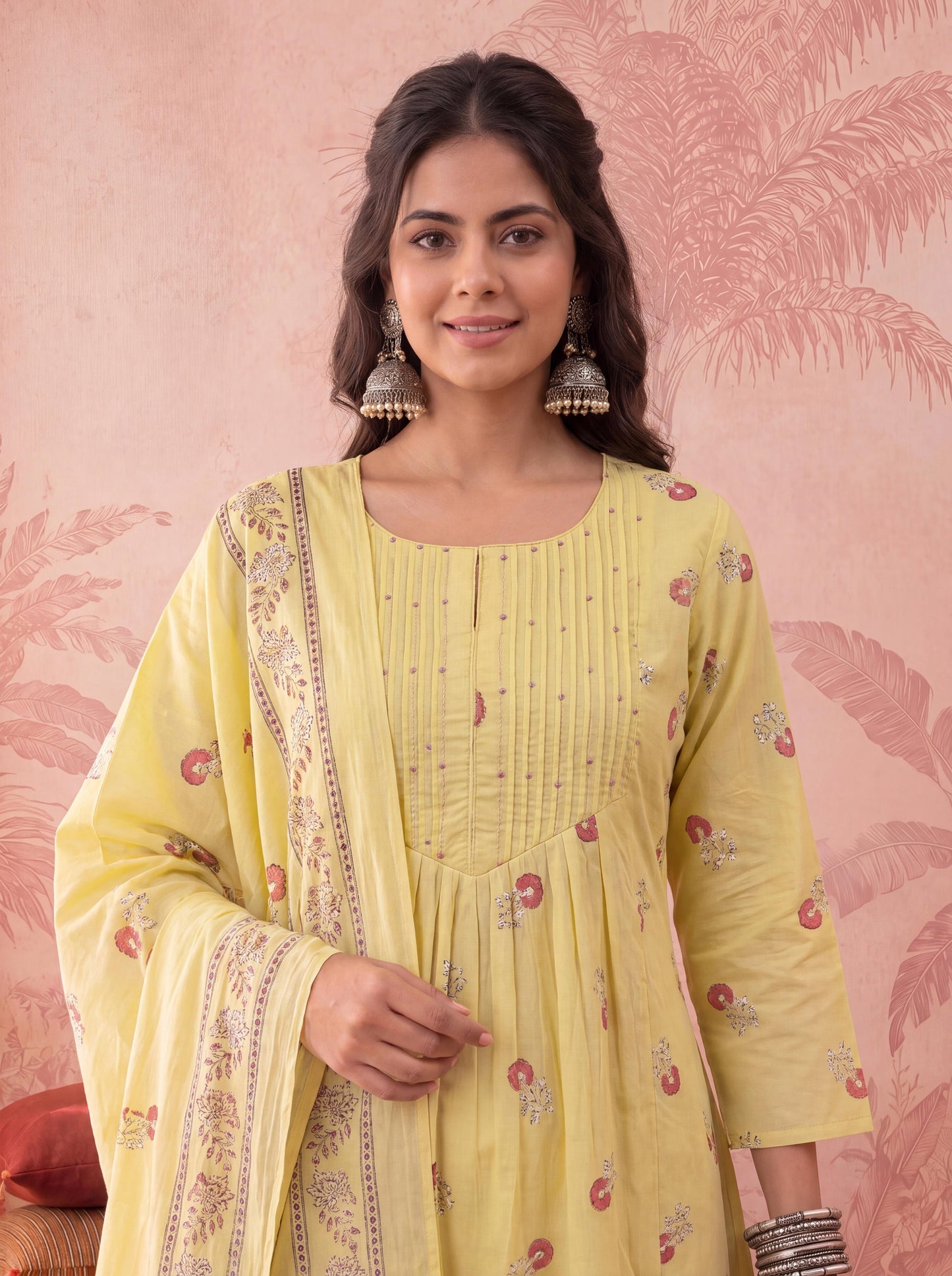 Cotton Floral Print Anarkali Kurta Dupatta Pant Set