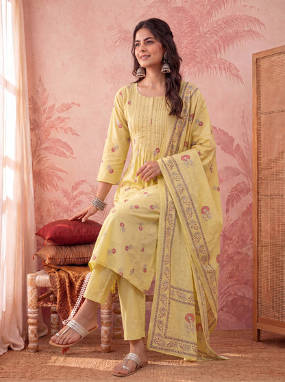 Cotton Floral Print Anarkali Kurta Dupatta Pant Set