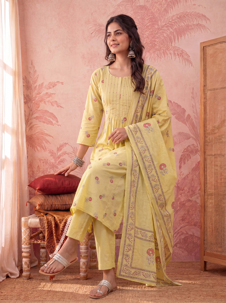 Cotton Floral Print Anarkali Kurta Dupatta Pant Set
