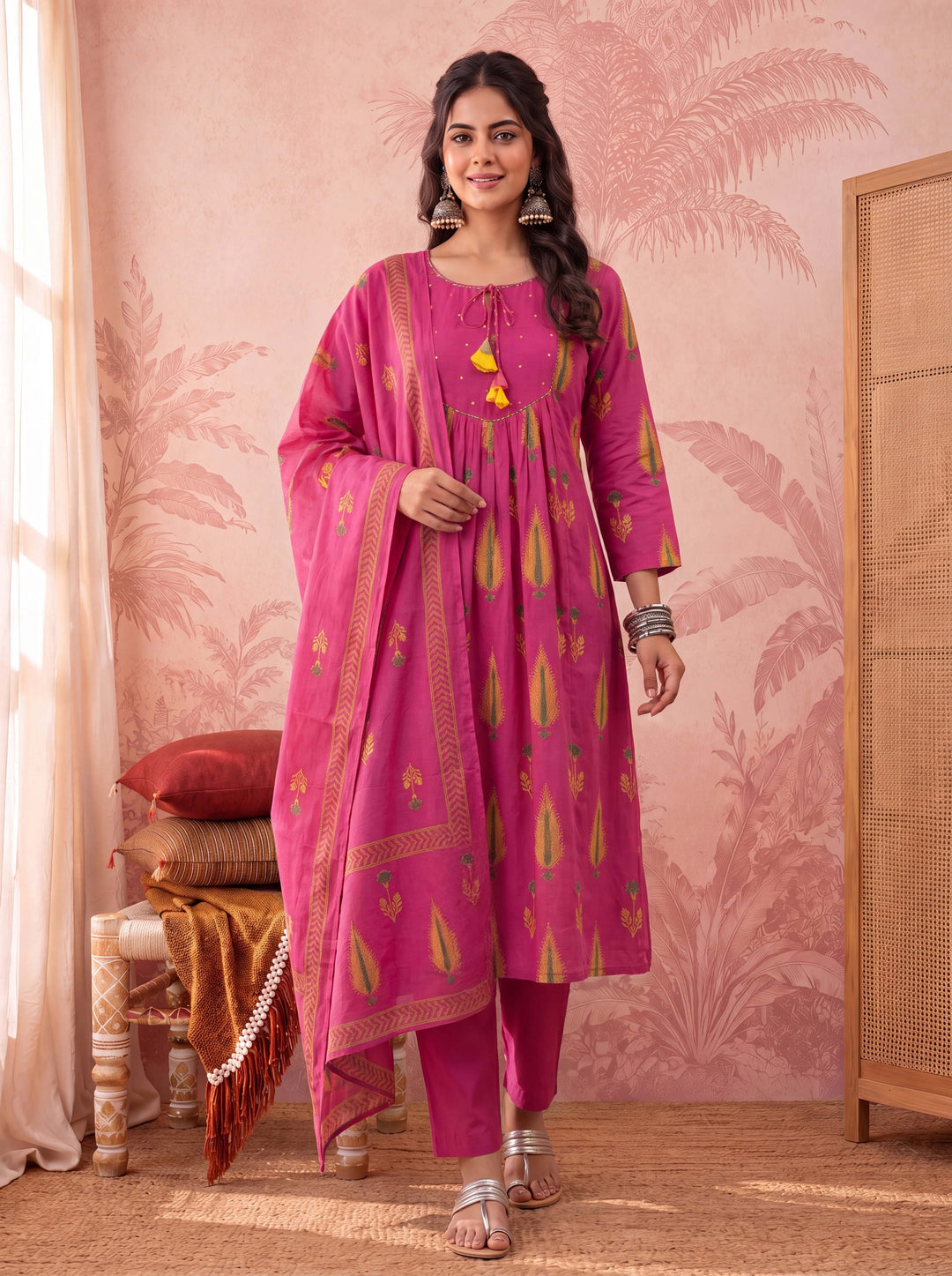 Cotton Kantha Work Sequins Work Anarkali Kurta Dupatta Pant Set