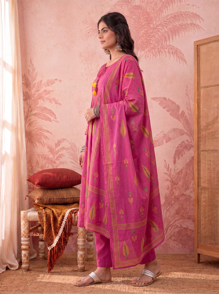 Cotton Kantha Work Sequins Work Anarkali Kurta Dupatta Pant Set