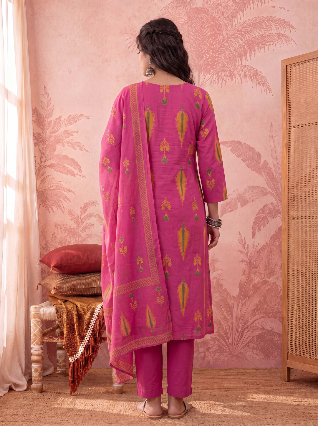 Cotton Kantha Work Sequins Work Anarkali Kurta Dupatta Pant Set