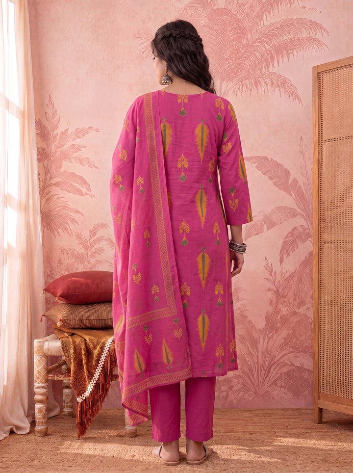 Cotton Kantha Work Sequins Work Anarkali Kurta Dupatta Pant Set