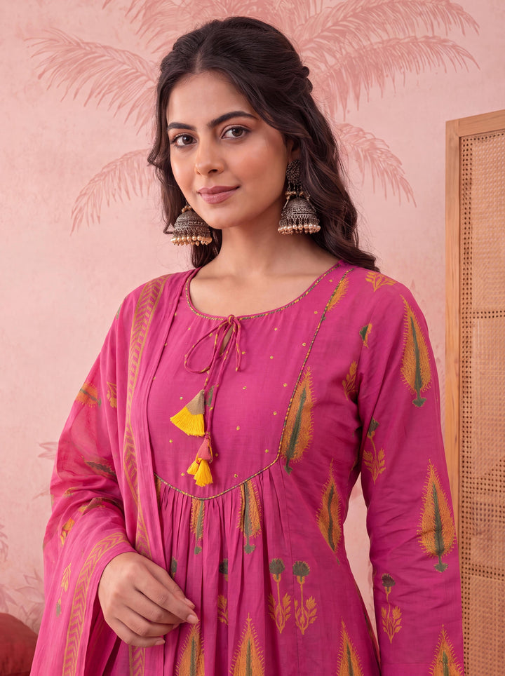 Cotton Kantha Work Sequins Work Anarkali Kurta Dupatta Pant Set