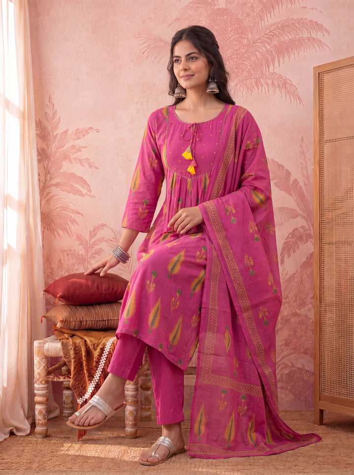 Cotton Kantha Work Sequins Work Anarkali Kurta Dupatta Pant Set