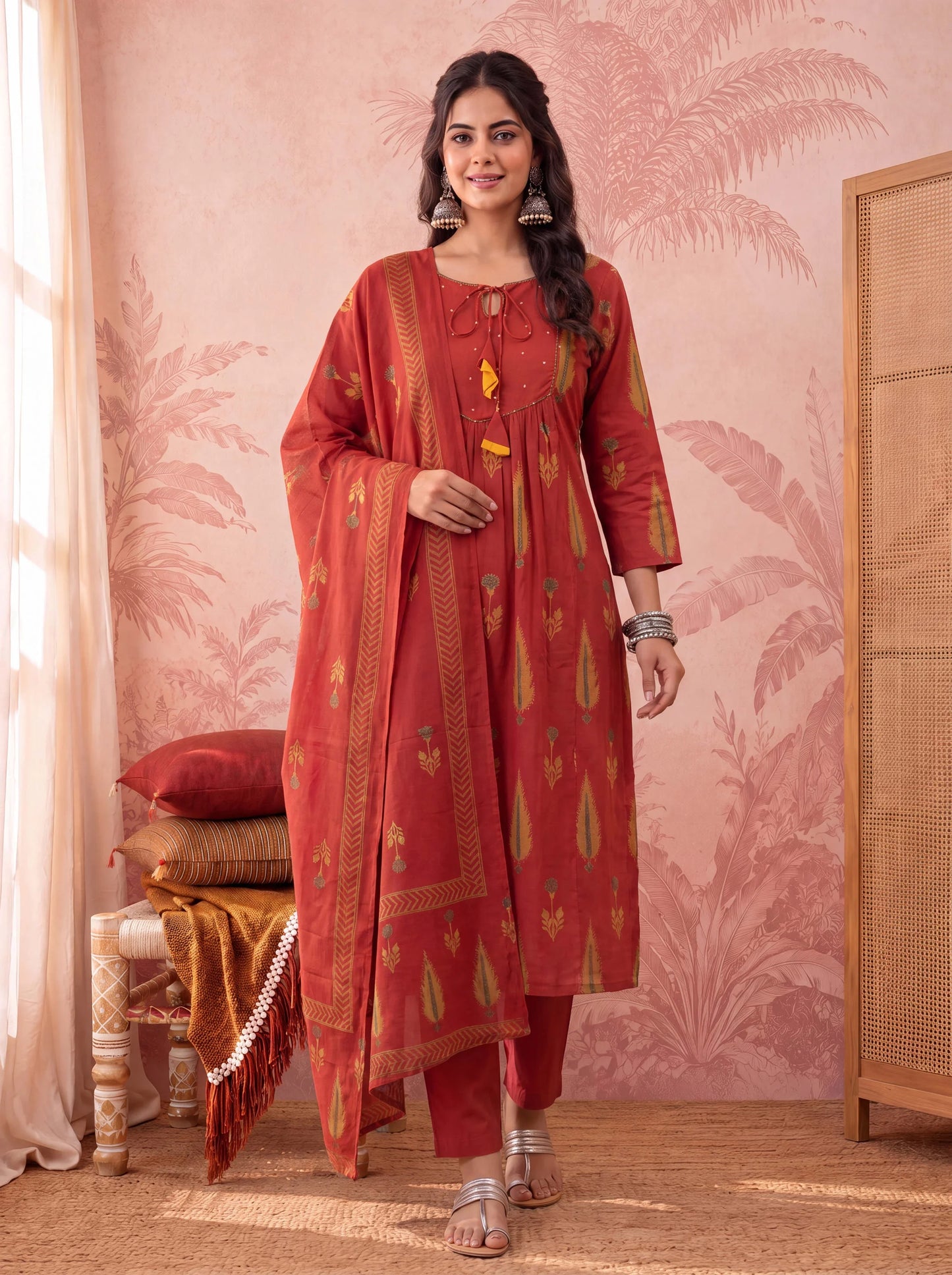 Cotton Kantha Work Sequins Work Anarkali Kurta Dupatta Pant Set
