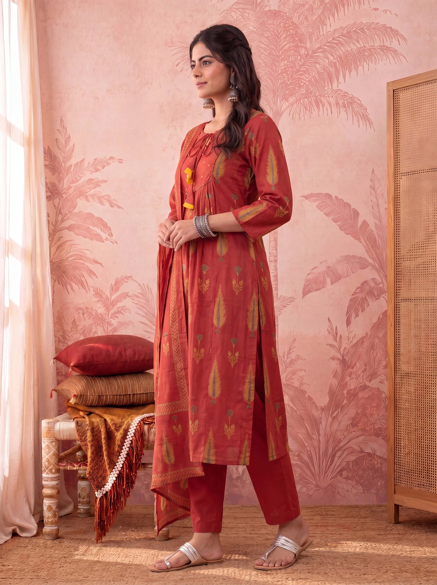 Cotton Kantha Work Sequins Work Anarkali Kurta Dupatta Pant Set