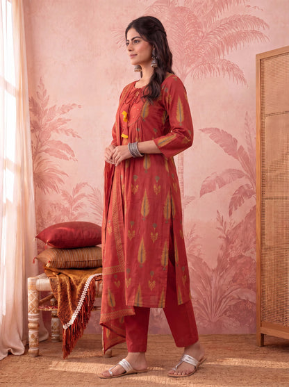 Cotton Kantha Work Sequins Work Anarkali Kurta Dupatta Pant Set