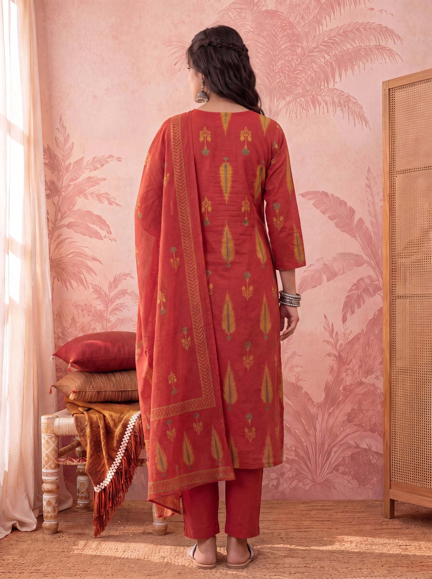 Cotton Kantha Work Sequins Work Anarkali Kurta Dupatta Pant Set