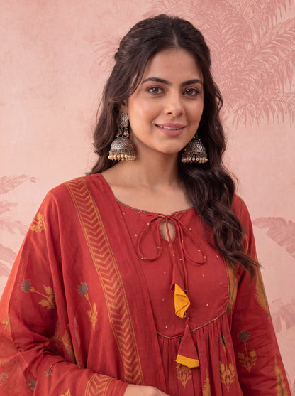 Cotton Kantha Work Sequins Work Anarkali Kurta Dupatta Pant Set